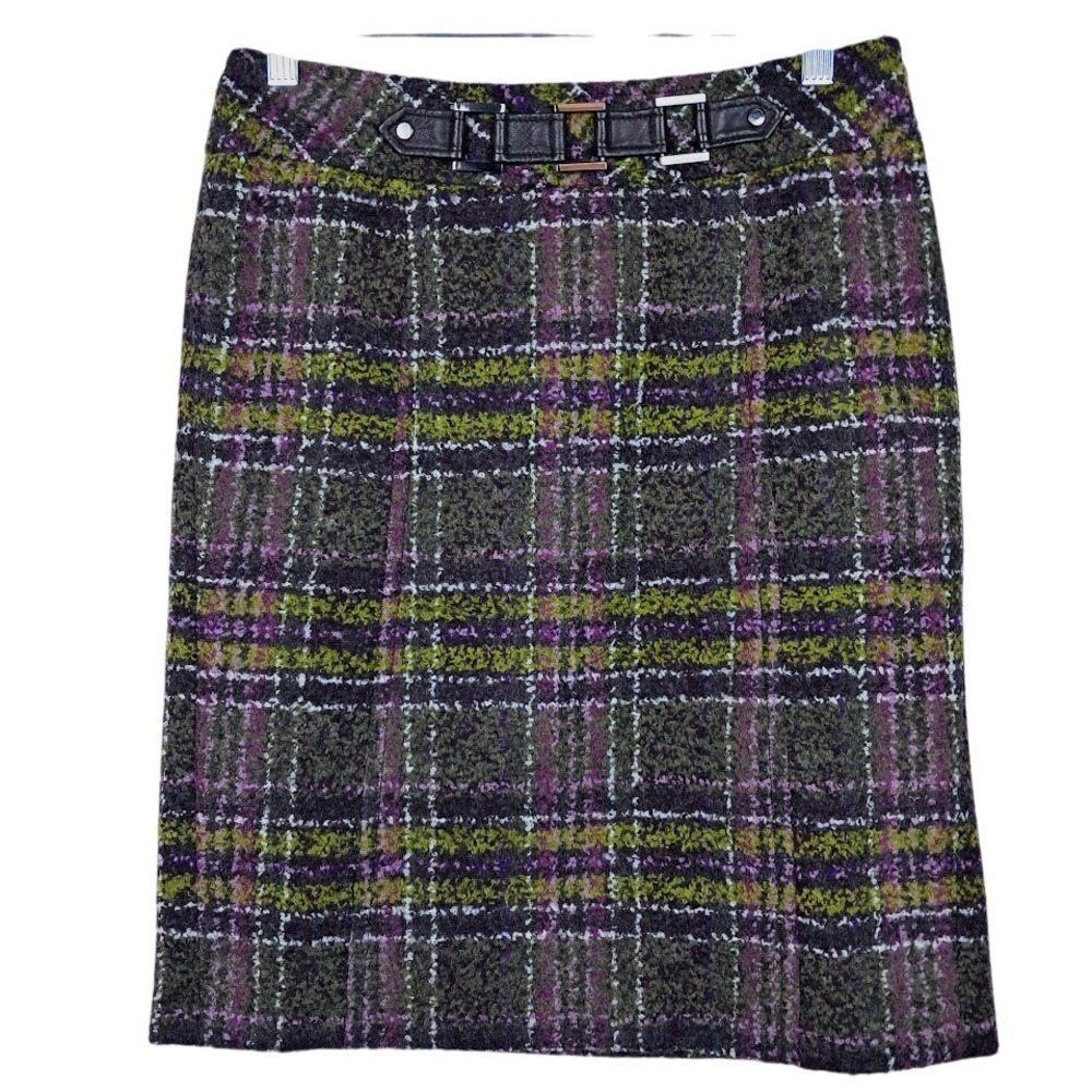 WORTH 4 Tweed Wool Blend Skirt Purple Gold‎ Chunky Tartan Plaid Leather Accents